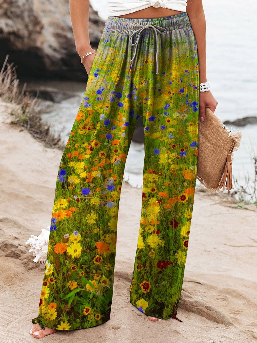 Women's Vintage Lovely Floral Art Printed Cotton And Linen Casual Pants
