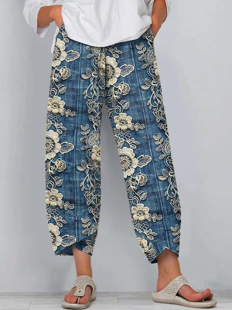 Women's Boho Lace Floral Embroidered Linen Blend Pants artswardrobe