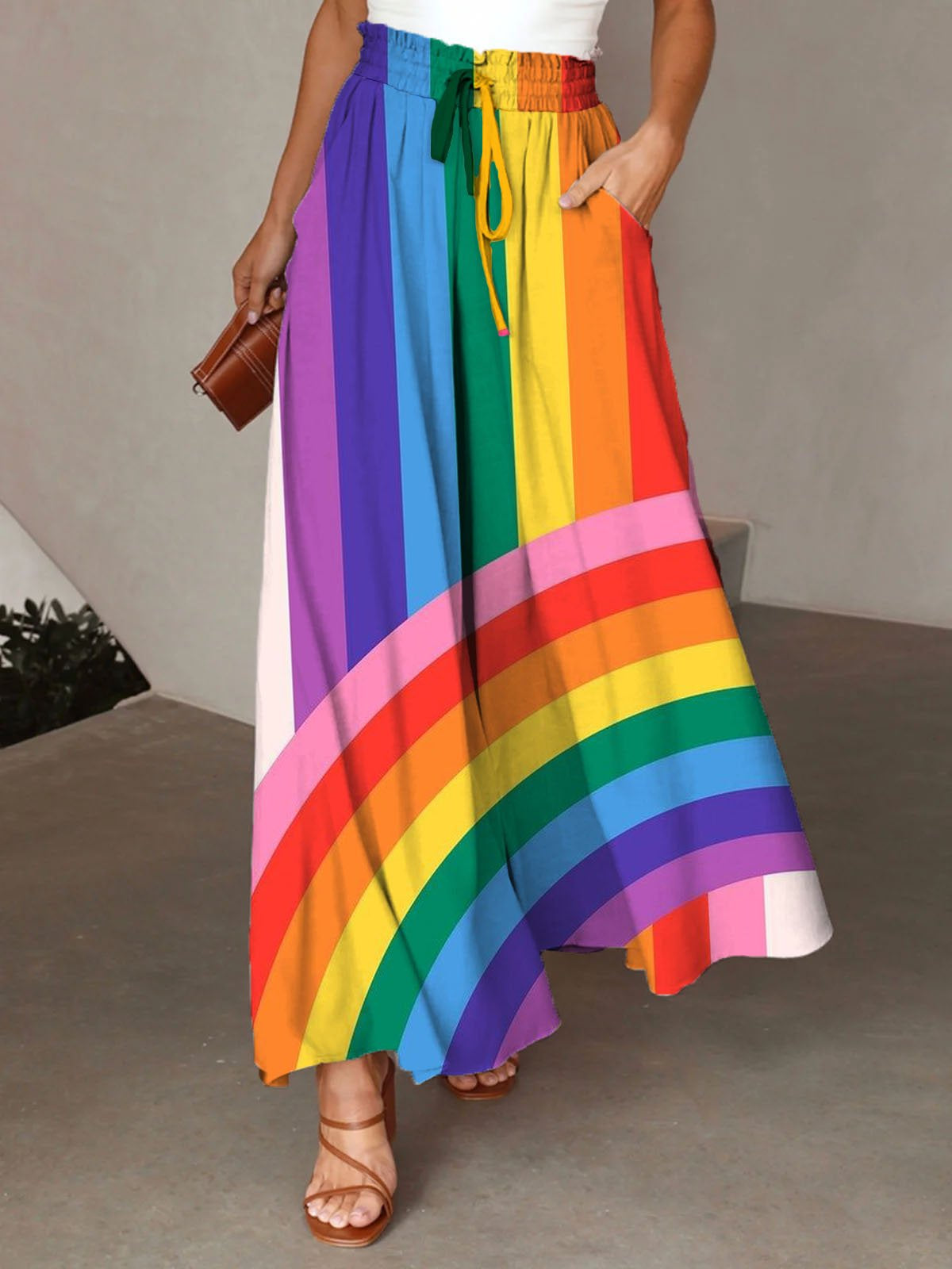 Wide Leg Pride Day Rainbow Color Overlay Print Pants