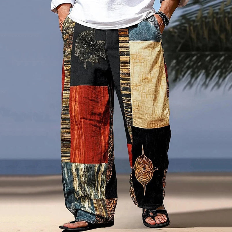 Vintage Geometry Print Graphic Linen Pants artswardrobe