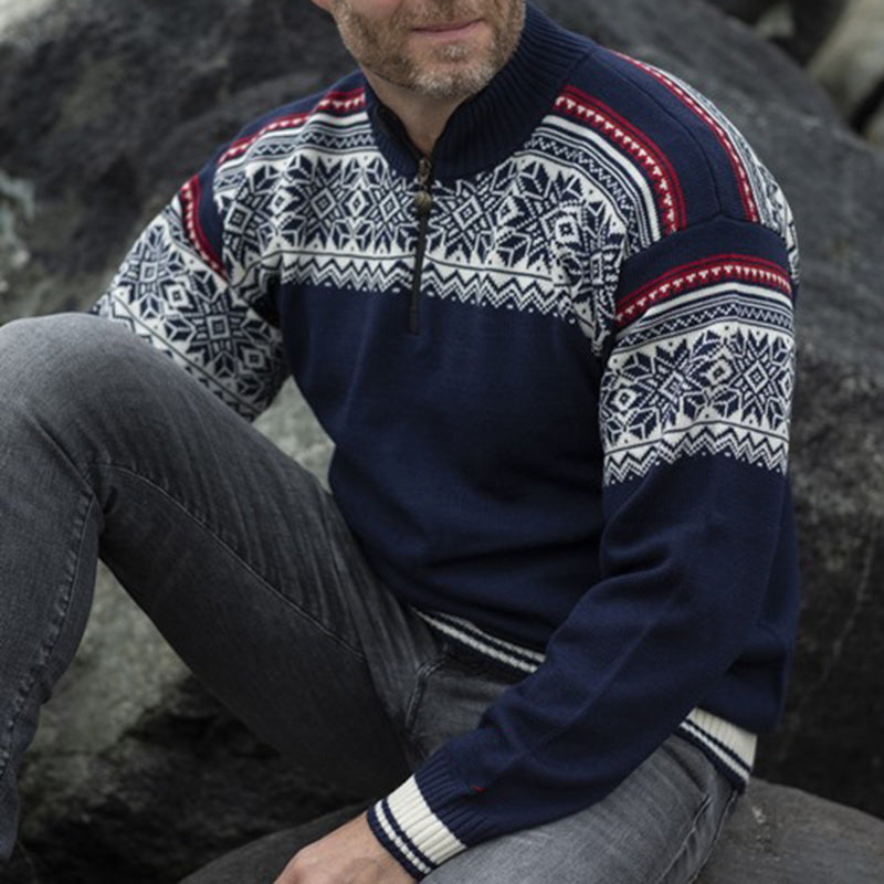 Vintage Warmth Bordeaux Knit Jacquard Icelandic Half Zip Collar Sweater(Unisex ) elevenforest