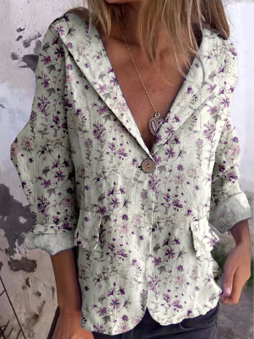 Women's Vintage Art Floral Linen And Cotton Pocket Coat