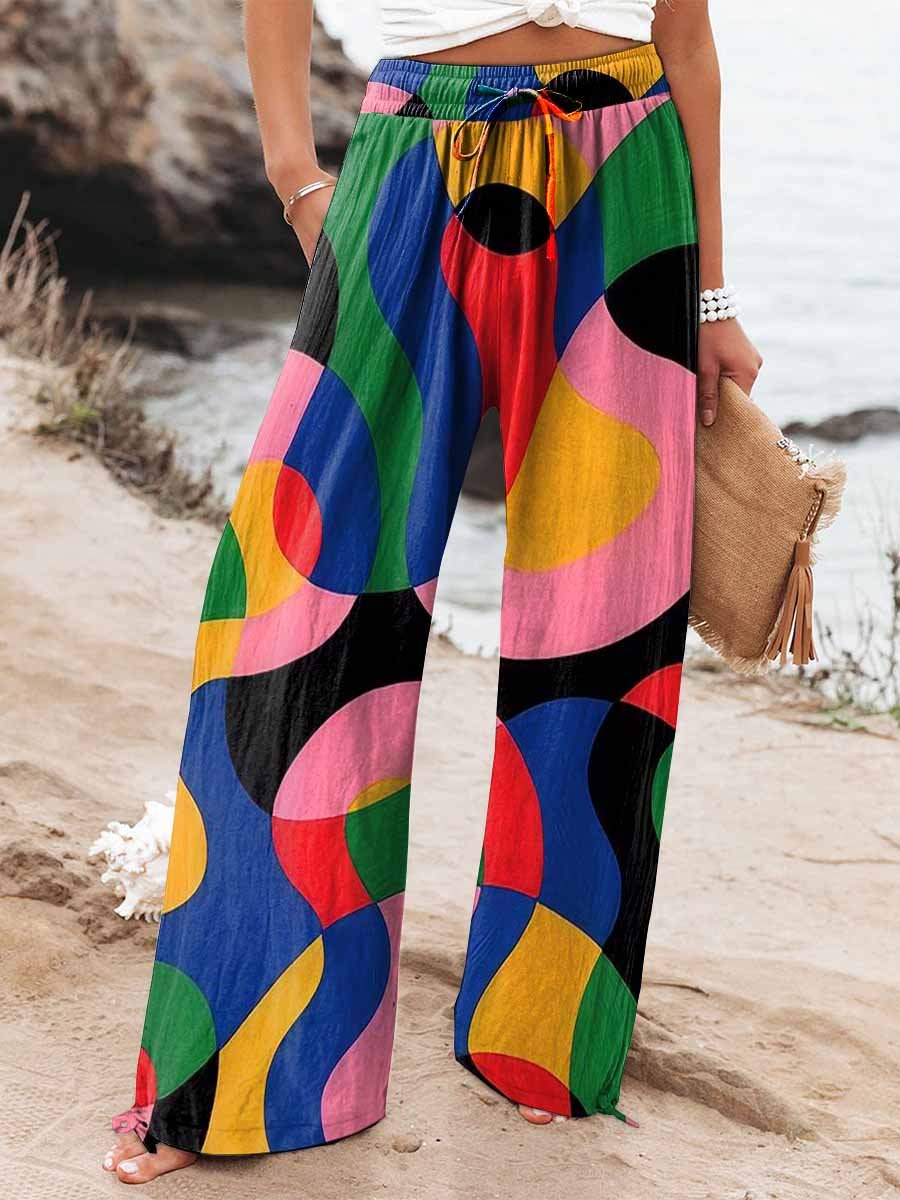 Women's Colorful Large Block Illustration Print Cotton And Linen Casual Pants