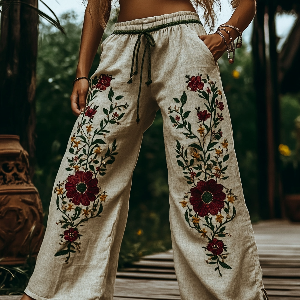 Women's Bohemian Floral Embroidered Casual Pants artswardrobe
