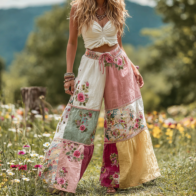 Women's Vintage Floral Patch Linen Casual Wide Leg Pants artswardrobe