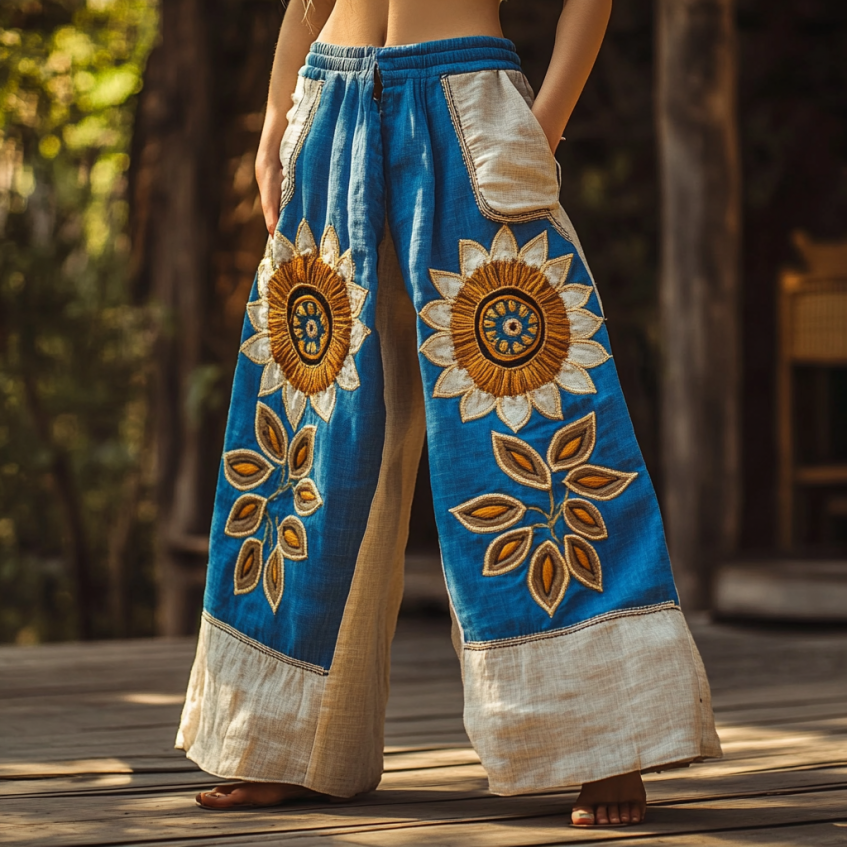 Vintage Bohemian Sunflower Patchwork Art Printed Cotton Linen Wide Leg Pants artswardrobe