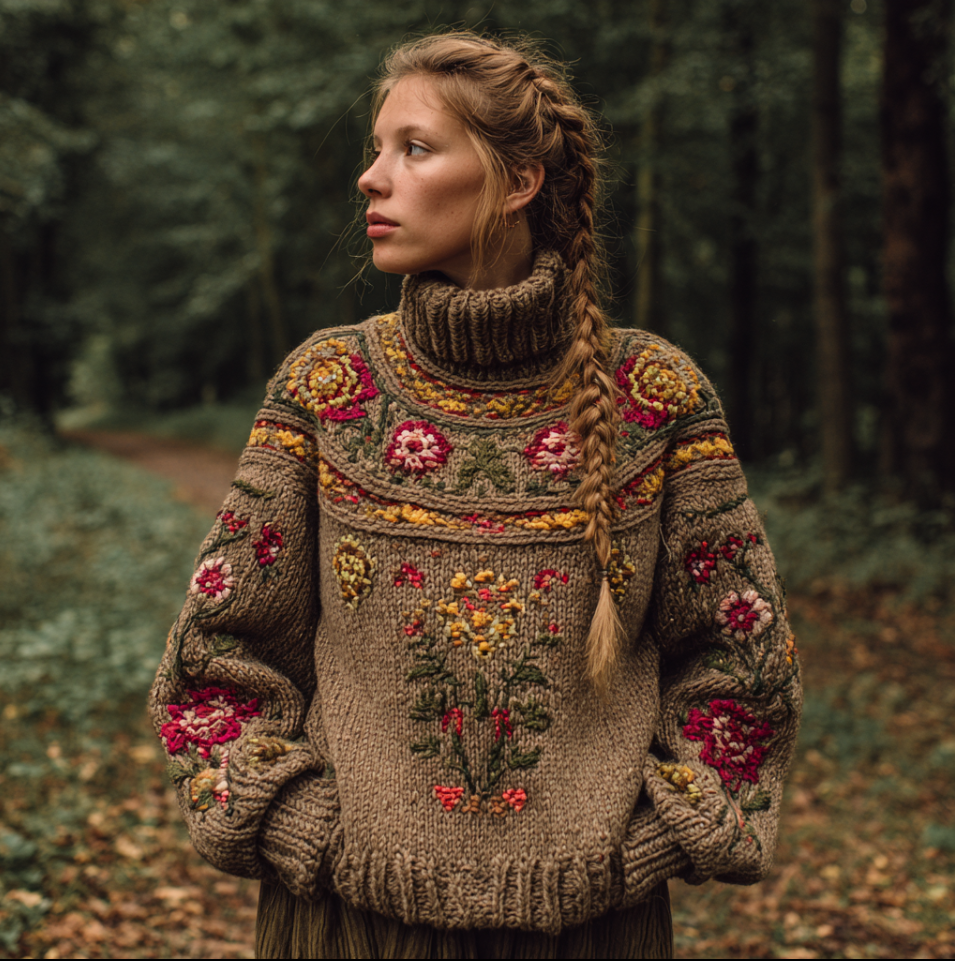 Women's Autumn And Winter Meillard Style And Bohemian Style Plant Flower Embroidery High Neck Thick Sweater elevenforest