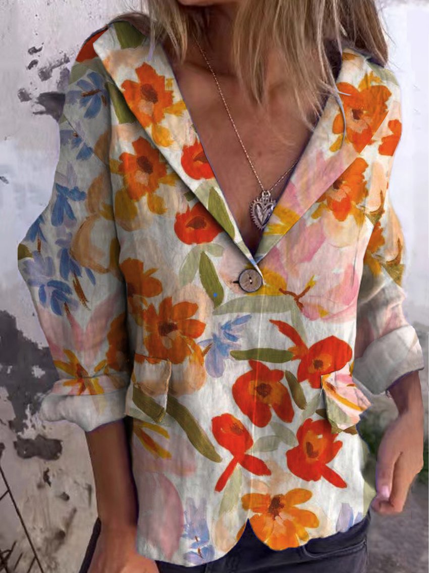 Women's Vintage Art Floral Linen And Cotton Pocket Coat