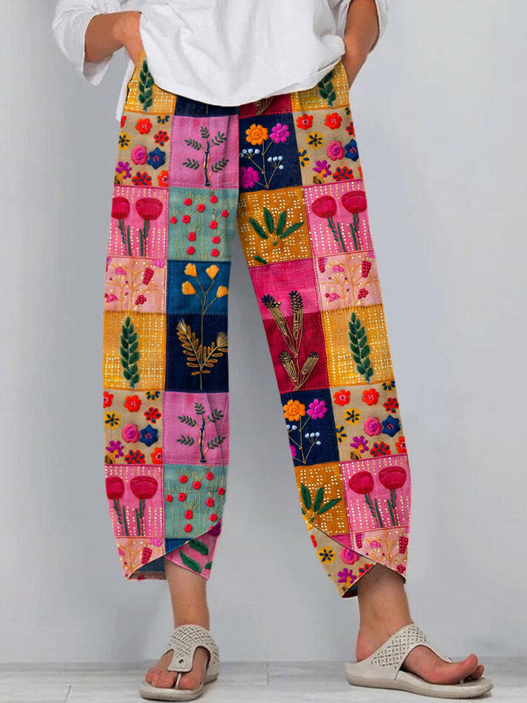 Women's Boho Floral Embroidered Patchwork Linen Blend Pants artswardrobe