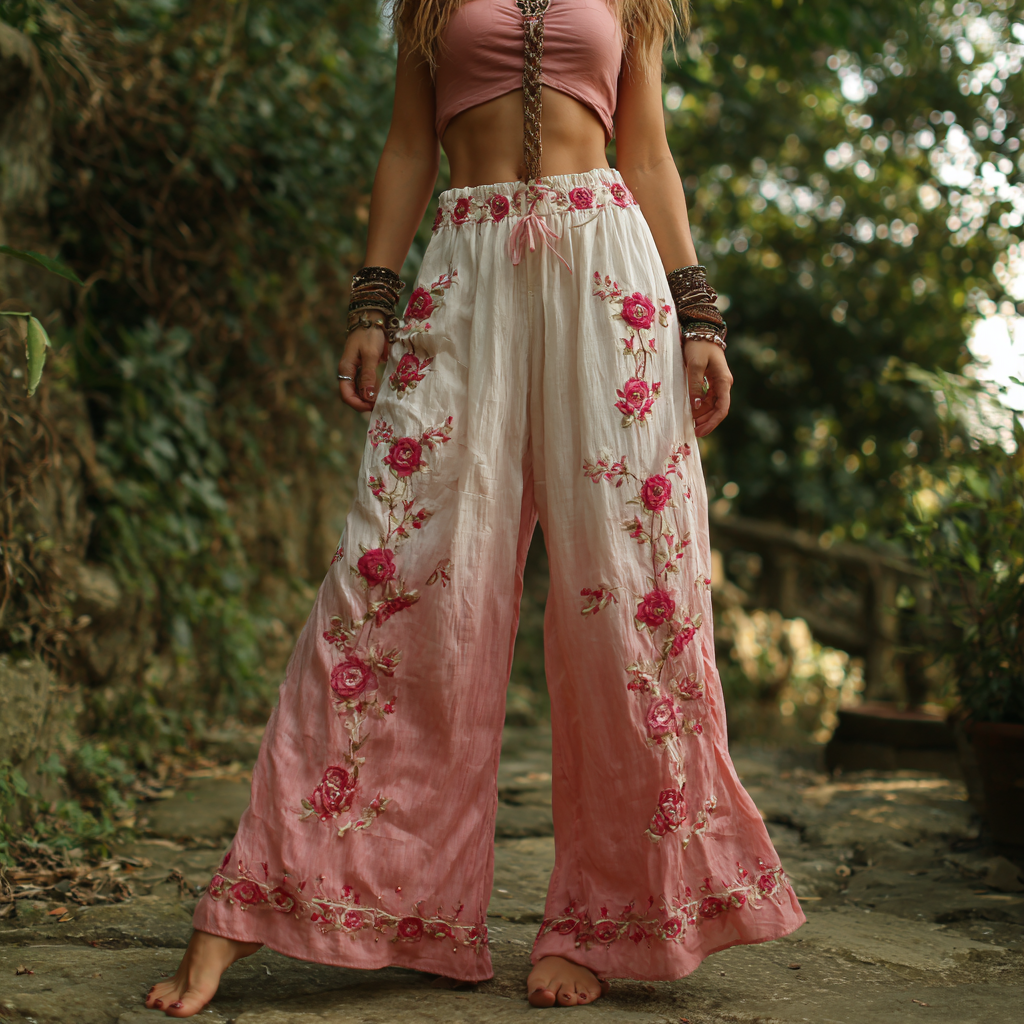 Women's Vintage Floral Embroidered Linen Casual Wide Leg Pants artswardrobe