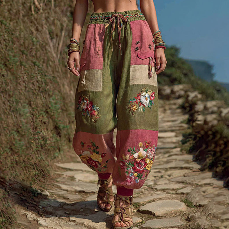 Women's Casual Retro Bohemian Embroidered Floral Print Pants artswardrobe