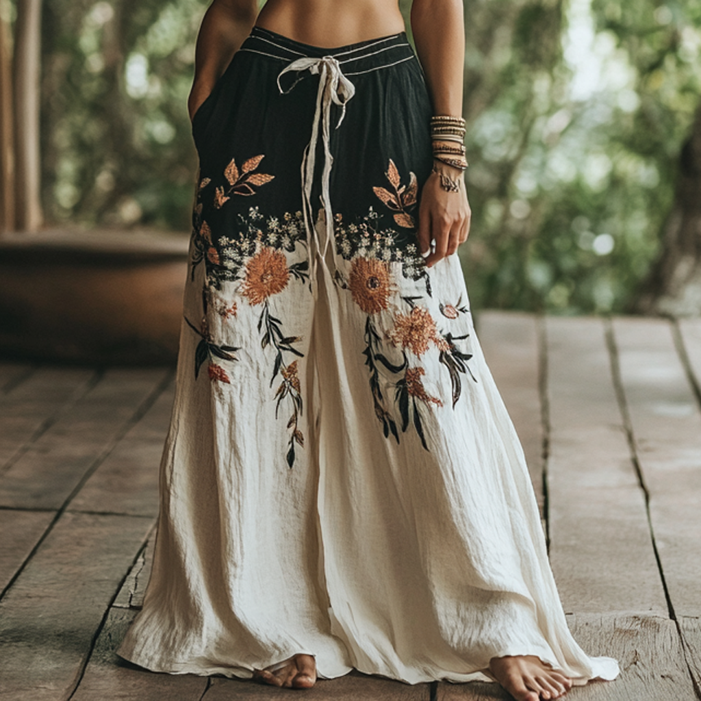 Vintage Bohemian Floral Art Printed Cotton Linen Wide Leg Pants artswardrobe