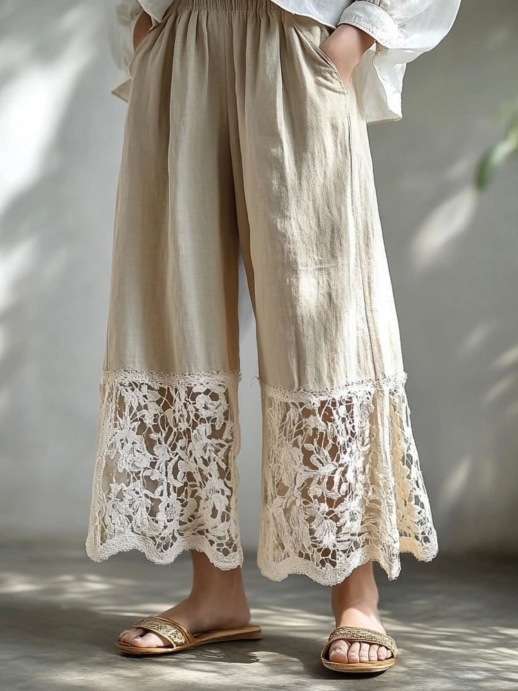 Vintage Hollow Floral Lace Patchwork Flowy Linen Pants artswardrobe