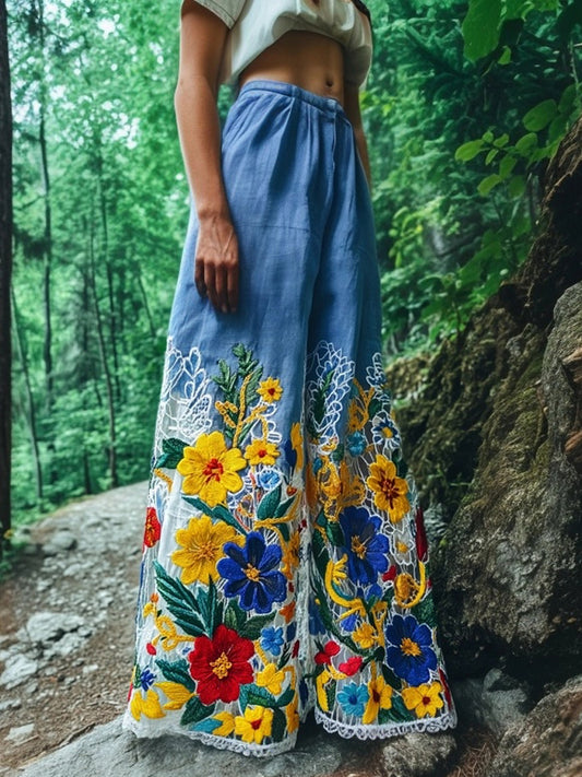 Vintage Floral Lace Embroidered Gradient Linen Pants artswardrobe