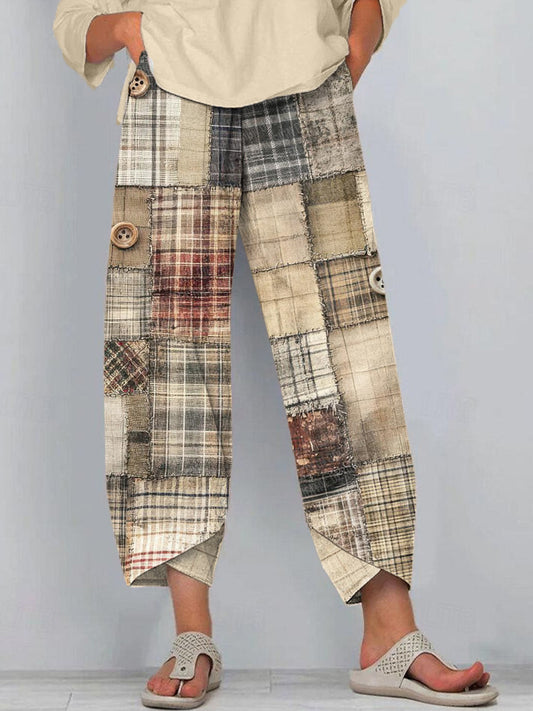 Vintage Plaid Patchwork Art Linen Blend Pants artswardrobe