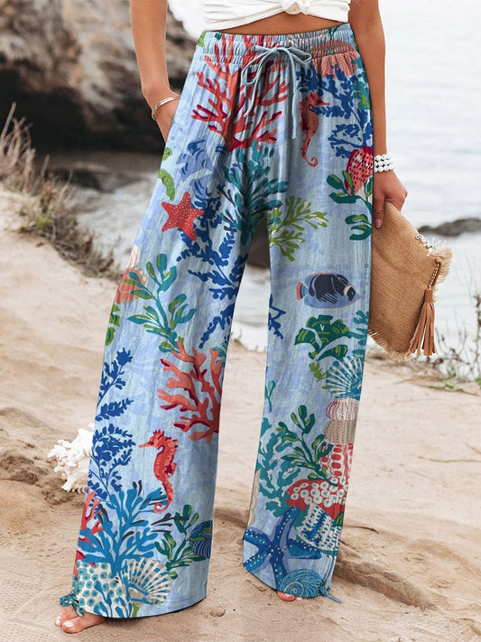 Women's Vintage Lovely Sea Life Art Printed Cotton And Linen Casual Pants