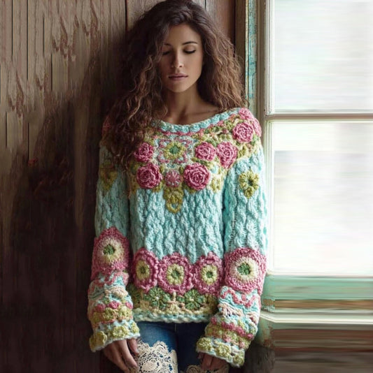Women's Boho Chunky Knit Crochet Floral Crew Neck Sweater elevenforest