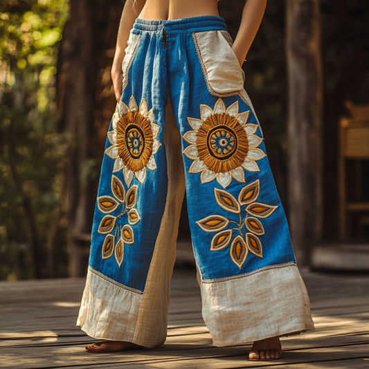 Vintage Bohemian Sunflower Patchwork Art Printed Cotton Linen Wide Leg Pants artswardrobe