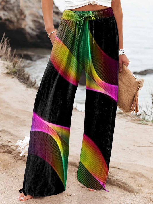 Women's Colorful Gradient Line Illustration Print Cotton And Linen Casual Pants
