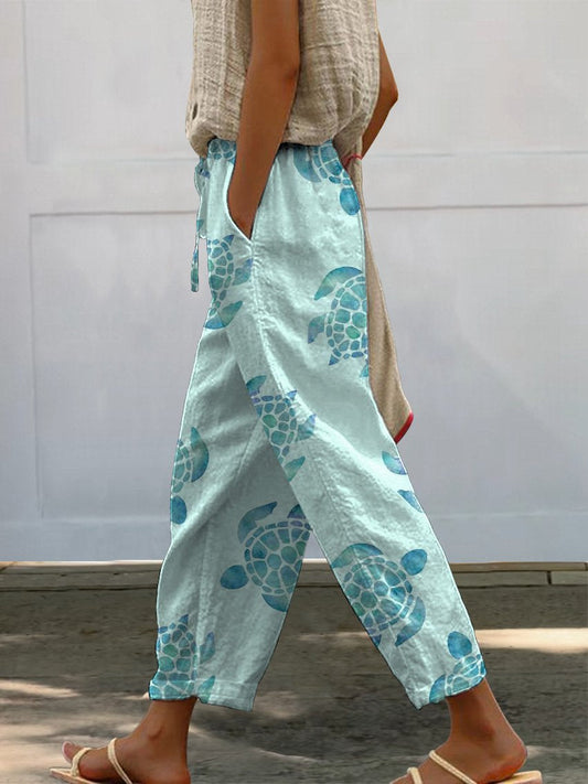 Watercolor Sea Turtle Repeat Pattern Printed Women's 100%Cotton Casual Pants