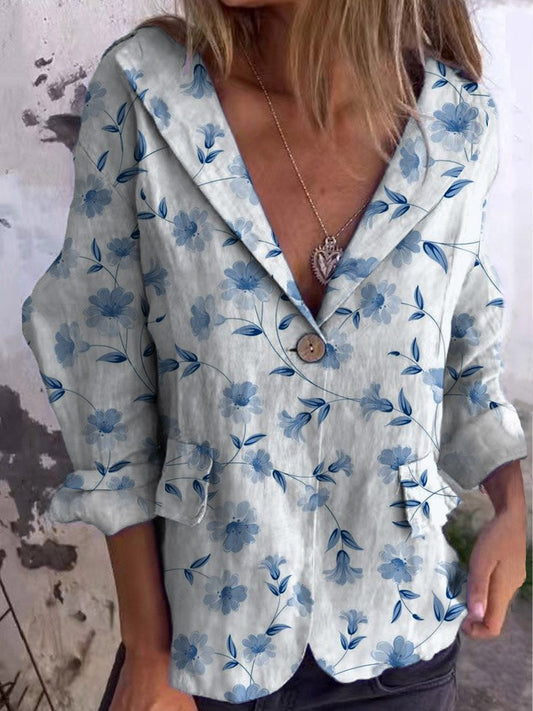 Women's Vintage Floral Art Print Casual Linen And Cotton Pocket Coat