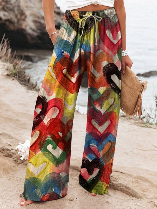 Women's Vintage Lovely Hearts Art Printed Cotton And Linen Casual Pants