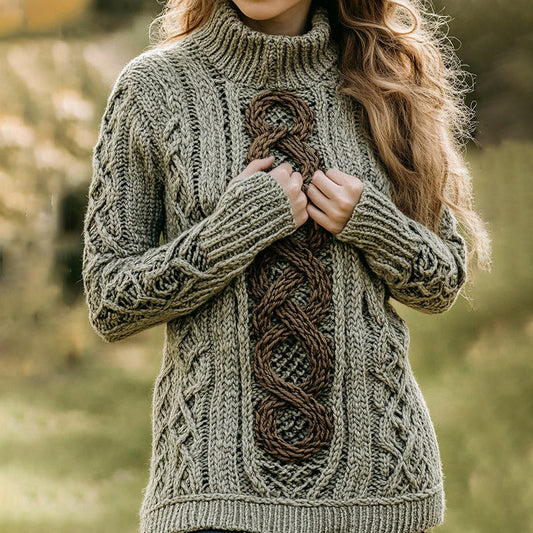 Women's Celtic Knotted Jacquard Turtleneck Aran Sweater elevenforest
