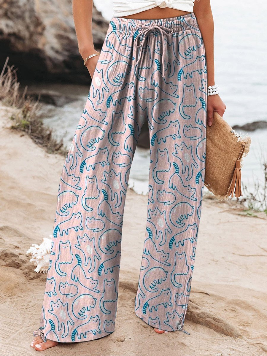 Women's Lovely Cute Cats Art Printed Cotton And Linen Casual Pants