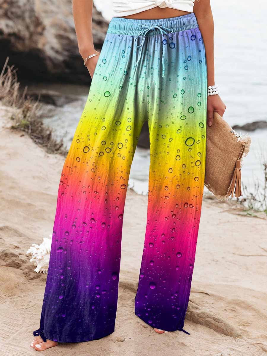 Women's Colorful Gradient Water Drop Print Cotton And Linen Casual Pants