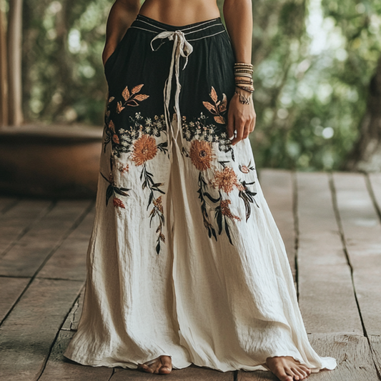 Vintage Bohemian Floral Art Printed Cotton Linen Wide Leg Pants artswardrobe