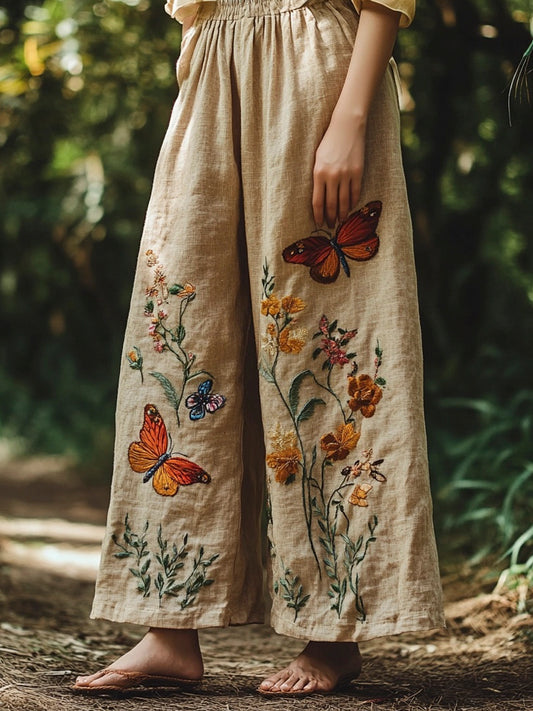 Butterfly Floral Embroidery Vintage Women's Linen Loose Pants artswardrobe