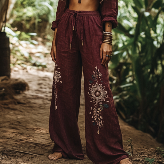 Vintage Bohemian Holiday Style Floral Art Printed Cotton Linen Wide Leg Pants artswardrobe