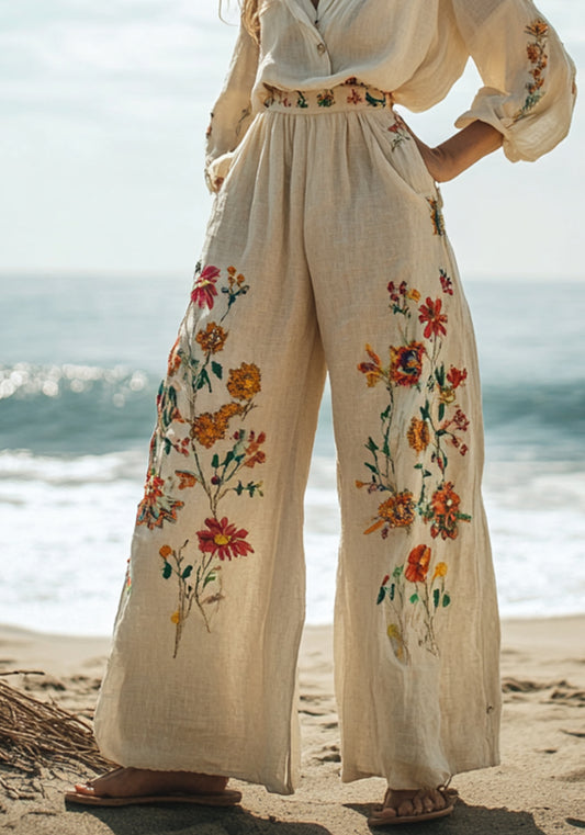Women's Floral Embroidery Art Print Linen Lounge Pants artswardrobe